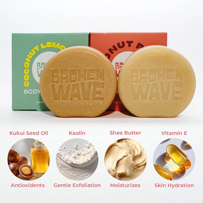Broken Wave Natural Bar Soap for Women and Men | Hydrating, Vegan, Cruelty-Free Bar Soap | Coconut Lemongrass & Papaya Scent | Sulfate, Paraben & Plastic-Free Body Soap for Soft & Smooth Skin | 2-Pack