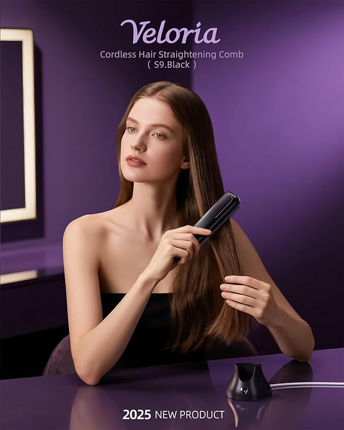 VELORlA Cordless Hair Straightener Comb with Charging Dock & LED Display - Portable 2-in-1 Travel Straightener Brush with 200M lons, 3 Temps 320-392'F, Anti-Frizz Hair Styler, Gift for Women (Black)