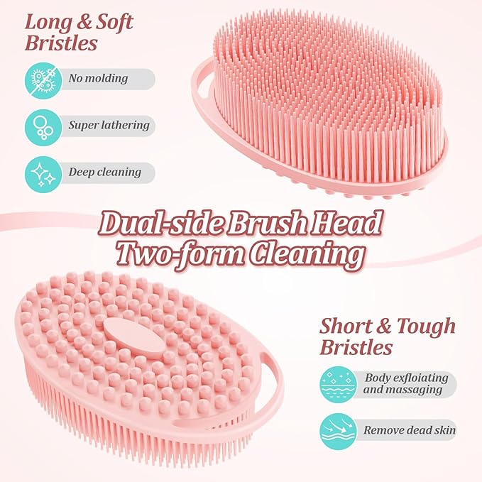 Silicone Back/Body/Face Scrubber & Soft Bath Glove Set 4PCS, Gentle Exfoliating Back & Body Scrubber with Dual-Side Brush Head, Hand-fit Bath Glove & Face Scrubber for Deep Cleaning(Pink-4PC)