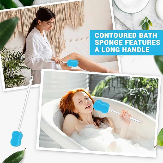 Norme 3 Pcs 22.4 Inch Long Handle Back Bath Sponge Lightweight Sponge on a Stick Body Cleaning Handled Washer Scrubber for Foot Body Limited Range of Motion, Blue