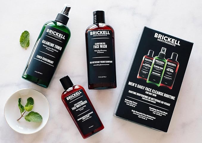 Brickell Men's Daily Face Cleanse Routine for Oily Skin, Alcohol Free Toner, Gel Facial Wash and Moisturizer, Natural and Organic, Scented