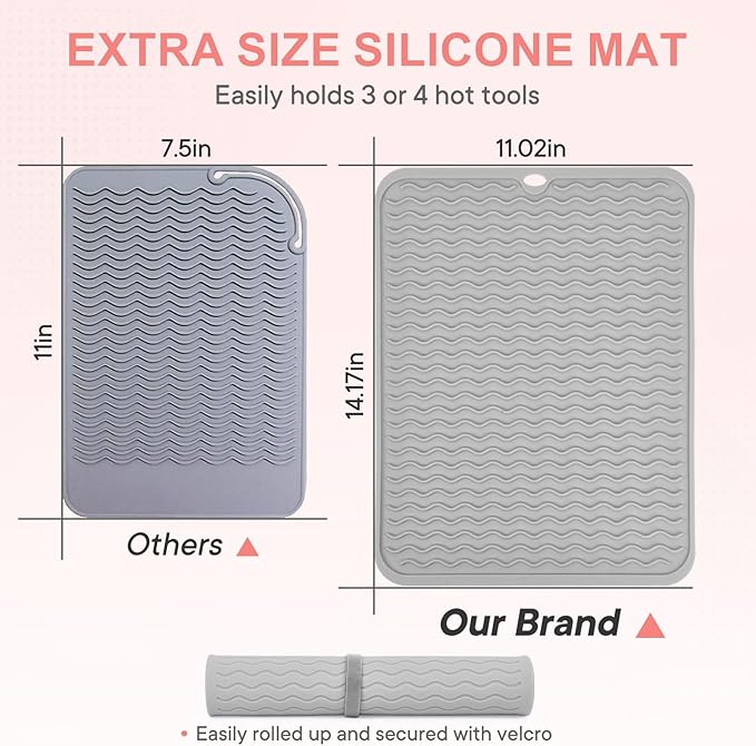 Oversize Silicone Heat Resistant Mat, Portable Travel Mat Cover with Velcro for Curling Irons, Flat Irons, Hair Straightener and Hot Hair Styling Tools(14.2" x 11")