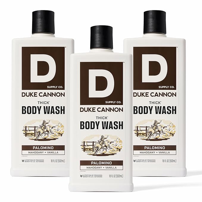 Duke Cannon Supply Co. Thick High Viscosity Body Wash – 3X Thicker, Cleansing Shower and Bath Gel, Mineral-Enriched for Men – Shower Gel – Men’s Body Scrub – Palomino 3 pack –18 oz