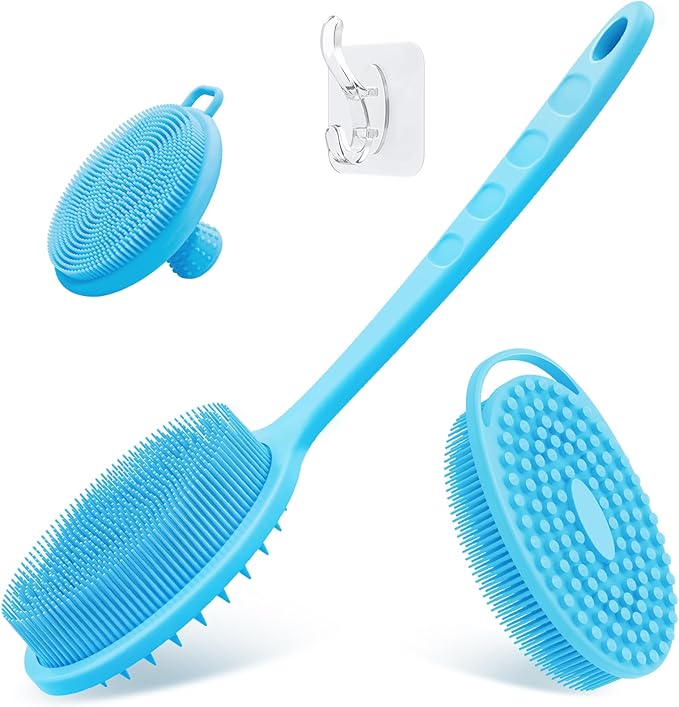 Silicone Back & Body & Face Scrubber Set 3PCS, Gentle Exfoliating Back & Body Scrubber with Dual-Side Brush Head, Hygienic Silicone Loofahs with Soft Bristle and Non-Slip Handle(Blue-3PC)