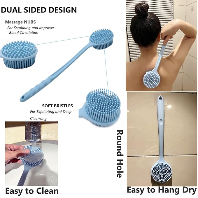 Silicone Body Scrubber, Long Handle Back Scrubber for Shower Brush,Exfoliating Body Scrubber, Shower Scrubber for Body Brush, Soft Silicone Bath Brush for Men,Women&Kids,with a Free Hook