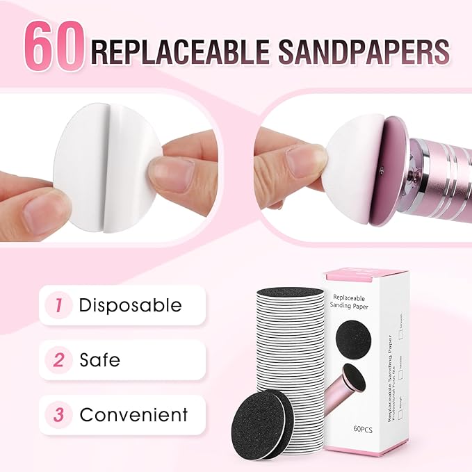 Electric Foot File Callus Remover: Adjustable Speed 1000RPM Feet File Grinder with 60 Pcs Sandpaper Discs - Professional Pedicure Tools for Dead Skin Calluses (Pink)