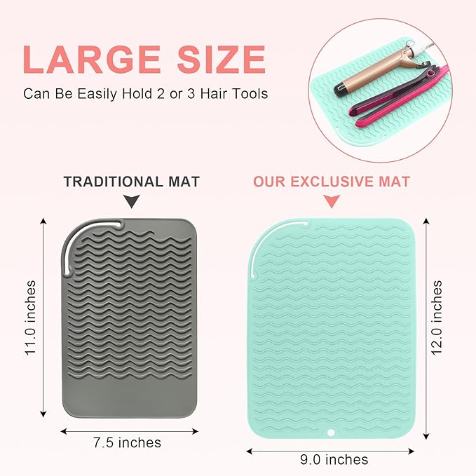 Plus Size Silicone Heat Resistant Mat, Portable Travel Hot Tools Pad Cover for Curling Iron, Flat Iron, Hair Straightener and Other Hair Styling Tools(12.0" x 9.0")