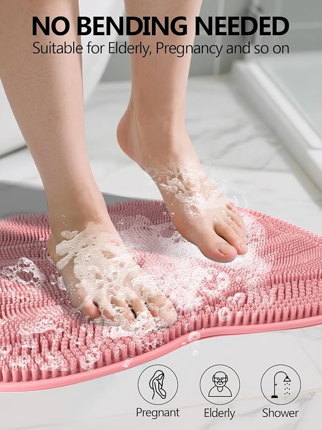 Kalolary Silicone Shower Foot Scrubber Mat, Large Foot Scrubber in Shower with Non Slip Suction Cups Foot Cleaner Brush to Clean Exfoliate and Massage Feet Without Bending Over Easy to Clean (Pink)