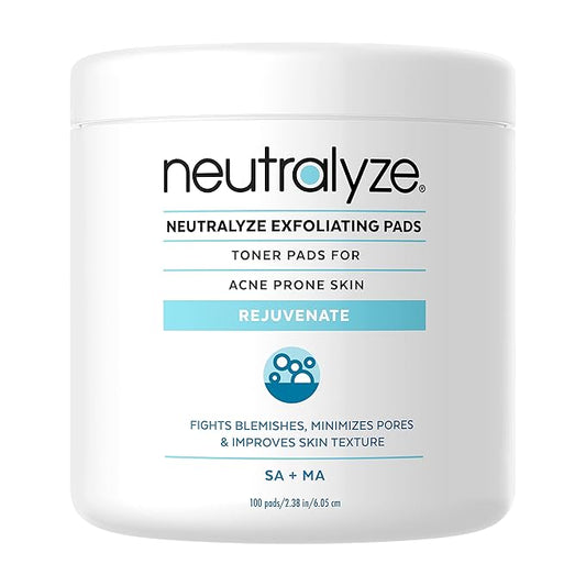 Neutralyze Exfoliating Acne Toner Pads - Dual Textured, Maximum Strength Acne Wipes for Face & Body with 2% Salicylic Acid & 2% Mandelic Acid for Teens & Adults (100 Wipes)