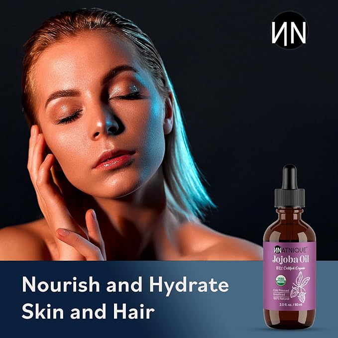 Natnique Organic Jojoba Oil 2oz – Nail Brush Included – USDA Certified, Cold Pressed, Unrefined & Hexane-Free – Pure Moisturizer for Hair, Face, Skin, Beard, Scalp, Nails & Cuticles – Natural Care