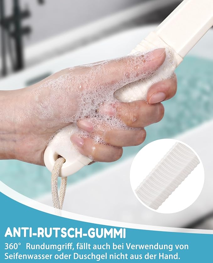 Back Scrubber for Shower with 17" Long Handle, Non-Slip Grip Shower Brush, Moderate Bristles Body Brush for Gentle Exfoliation, Back Brush for Shower Men & Women – White