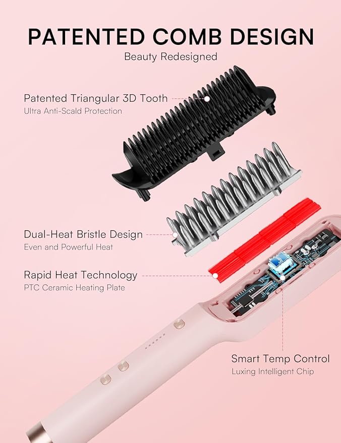 Hair Straightener Brush, Luxing PuraLux Straightener Comb, Fast Heating Hair Straightening Comb, 5 Temp Settings & Anti-Scald with Ceramic Coating, Professional Styling Tools (Pink)