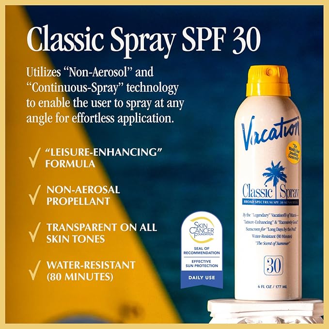 Vacation Classic Sunscreen Spray SPF 30 & Air Freshener Bundle, Water-Resistant, Lightweight, Transparent on All Skin Tones, Dermatologist-Tested, Vegan, 6 Fl. Oz.