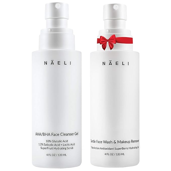 NAELI Gentle Facial Cleanser & AHA/BHA Exfoliator Face Wash, Anti Aging Set to Brighten, Minimize Pores & Reduce Wrinkles - Holiday Skincare Gift for Women & Men, Natural, Vegan & Cruelty Free, 4oz