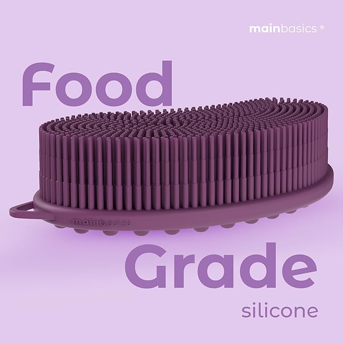 MainBasics Silicone Body Scrubber – Dual-Sided Shower Scrubber with Massage Nodes, Silicone Loofah Alternative for Deep Clean (Purple, Massage)