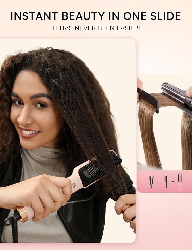 Hair Straightener Brush, Luxing PuraLux Straightener Comb, Fast Heating Hair Straightening Comb, 5 Temp Settings & Anti-Scald with Ceramic Coating, Professional Styling Tools (Pink)