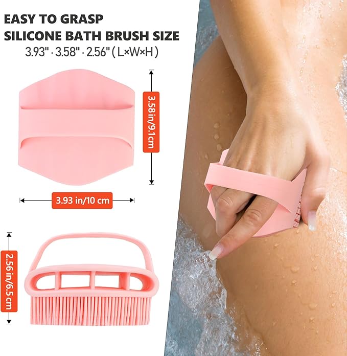 Silicone Body Scrubber with Handle - Exfoliating Shower Brush for Men & Women, Travel-Friendly & Quick-Dry, Soft Silicone Loofah Alternative for All Skin Types (Pink)