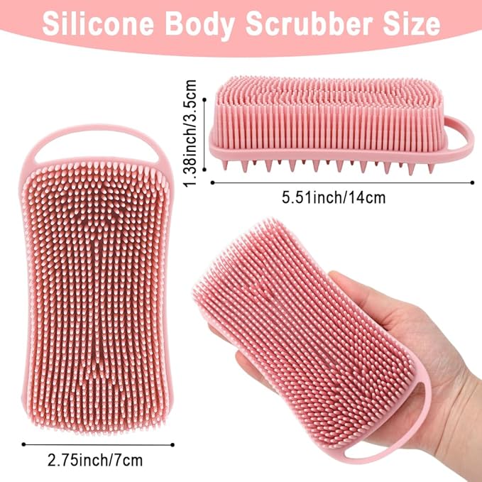Silicone Body Scrubber, 2 in 1 Soft Silicone Loofah 2 Pack Exfoliating Body Scrubber Loofah for Women Men, Body Scrubber Shower Bath Shampoo Brush with Loop for Sensitive Skin Lather Well, Black &Pink