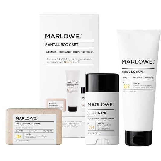 MARLOWE. Men's Grooming Santal Body Set, Features No. 102 Scrub Soap Bar, No. 024 Deodorant & No. 002 Body Lotion, Warm Amber, Sandalwood & Citron Scent