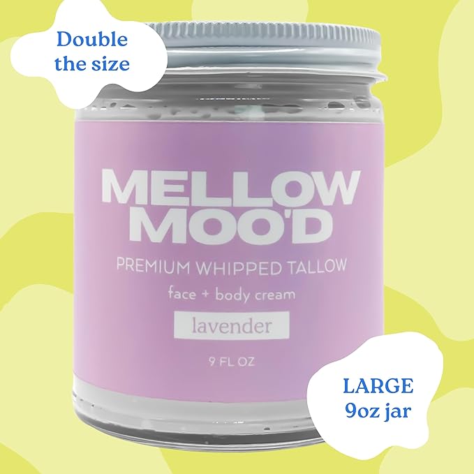 Mellow Moo'd Whipped Grass Fed Beef Tallow - Face + Body Cream - Tallow Moisturizer for Sensitive Skin - Natural Body Butter Lotion XTRA Large 9 FL OZ - Made In USA (9oz, Lavender)