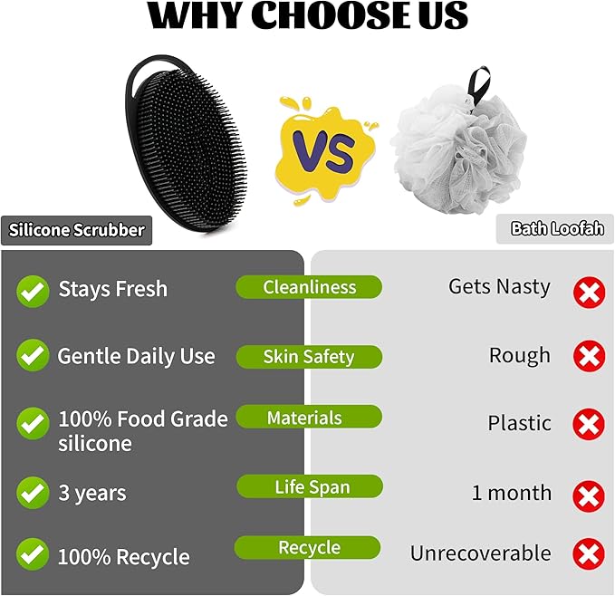 Soft Silicone Body Scrubber Loofah - 2 Pack Gentle Loofah Alternative, Fast-Drying, Hygienic Shower Brush Body Wash Scrubber for Sensitive Skin, Lather Well, Easy to Clean, Black and Pink