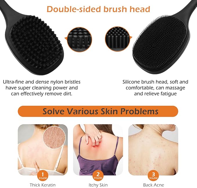 Back Scrubber for Shower, New Update Double Sided Body Scrub Brush Long Handle with Soft Silicone Bristles and Stiff Nylon Bristles for Shower Exfoliating and Massage Can Produce More Rich Foam