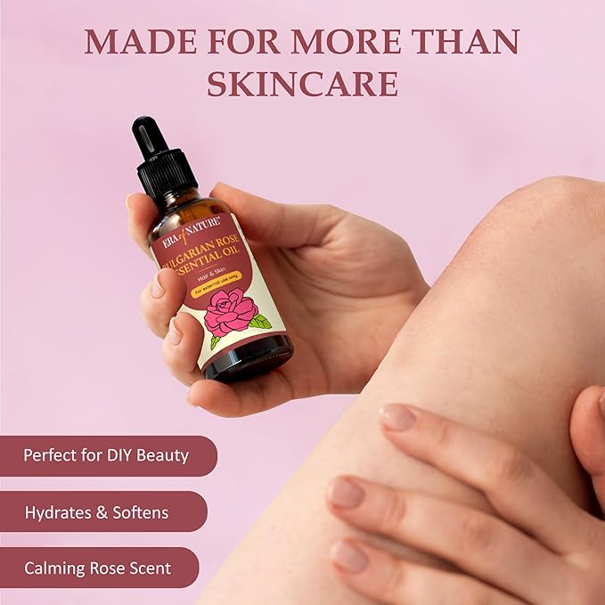 Era of Nature Bulgarian Rose Essential Oil - 100% Pure Rose Oil for Skincare, Hair, Diffusers & DIY Projects. Rich, Skin Care Body, Face and Stretch Marks Removal Cleanser, Perfume Oil - 1oz