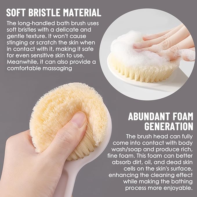 Long Handle Bath Body Brush, Back Scrubber with Soft Bristles for Exfoliating and Massage, Ergonomic, for Wet & Dry Use, Suitable for All Skin Types, 1 PCS, White