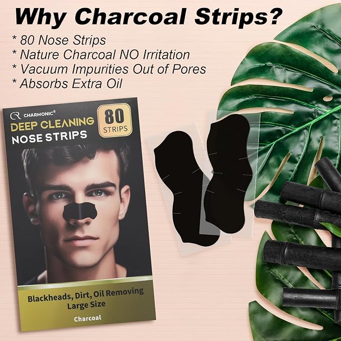 80 Pcs Blackhead Remover Pore Strips, Black Head Remover for Face, Natural Charcoal Nose Strips for Pore Cleaner, Large Size Nose Pore Strip for Men Women for Oil Blackheads & Whiteheads Remover