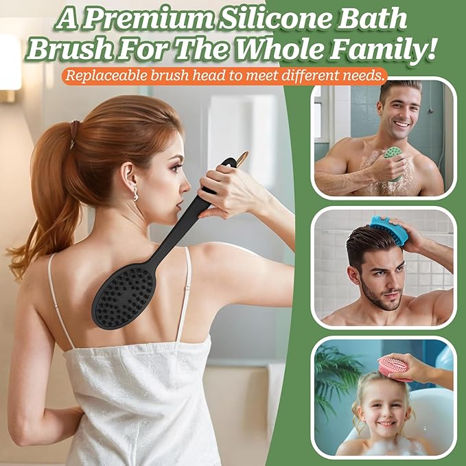 Silicone Back Scrubber for Shower, Gentle Exfoliating Body Scrubber & Back Washer with Handle, Silicone Loofah with Two Dual-Side & Replaceable Brush Heads(Blue-Two Heads)