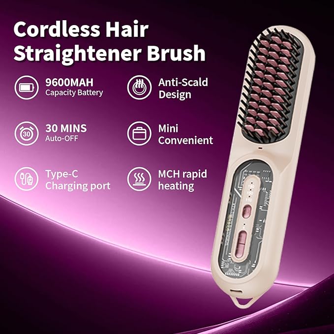 Travel Brush for Women, Portable Cordless Hair Straightener Brush, Mini Hair Straightener with 9600mAh Battery, Fast Charging & 100M Negative Ions - Cordless Portable Styler for On-The-Go (Pink)