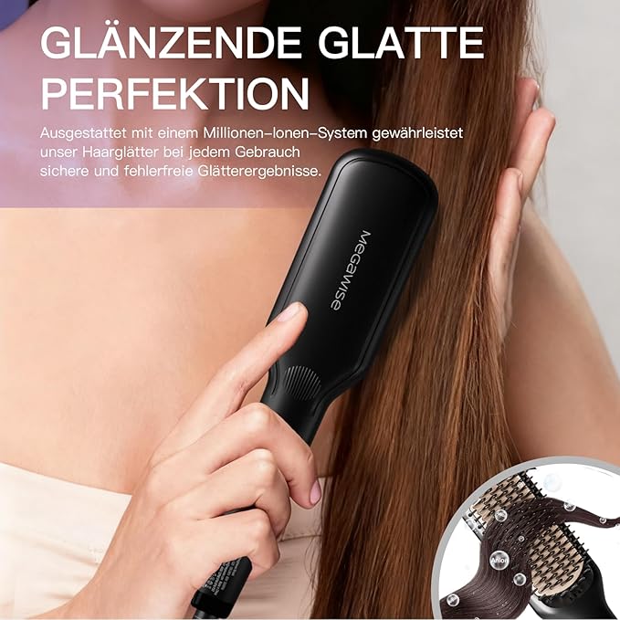 MEGAWISE Pro Ceramic Ionic Hair Straightener Brush for Home Salon, Straightening Hair Brush with 20s Heating Tech, Auto-Off, Anti-Scald with Universal Dual Voltage,Rotatable Power Cord, Black