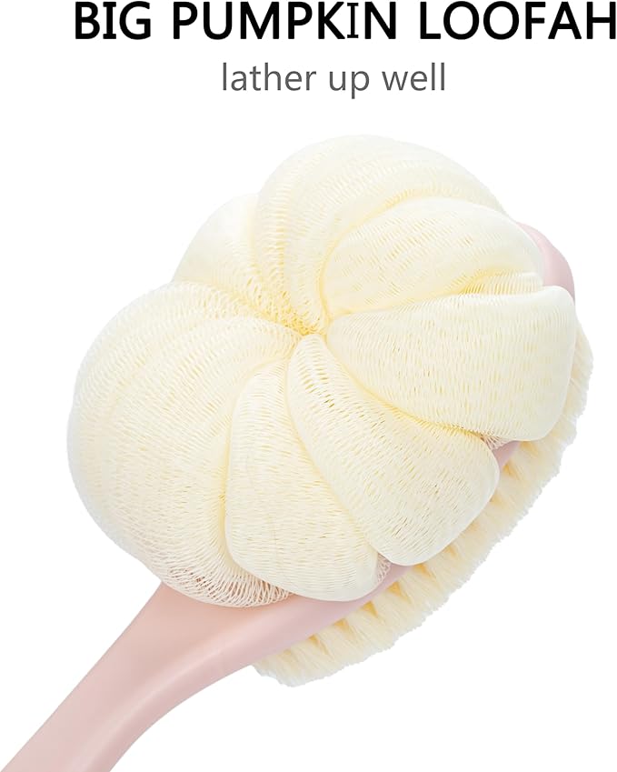 Shower Body Brush with Bristles and Large Pumpkin Loofah,Back Scrubber Bath Mesh Sponge with Anti-Slip Curved Long Handle for Skin Exfoliating,Massage Bristles for Wet or Dry,Men Women (Pink)