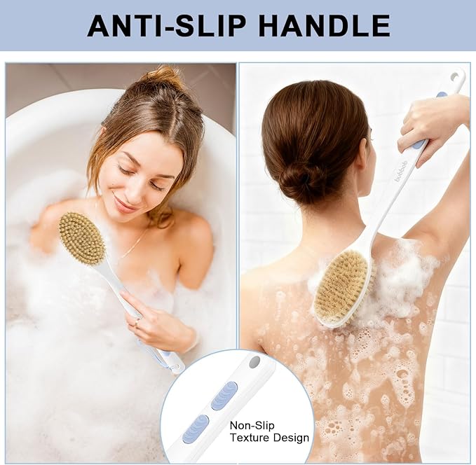 Back Scrubber for Shower with Long Handle, Exfoliating Bath Brush for Body - Double Sided Bristles (Stiff & Soft), Anti-Slip Grip, Lightweight - Gift for Seniors, Includes Lanyard & Hook, Blue