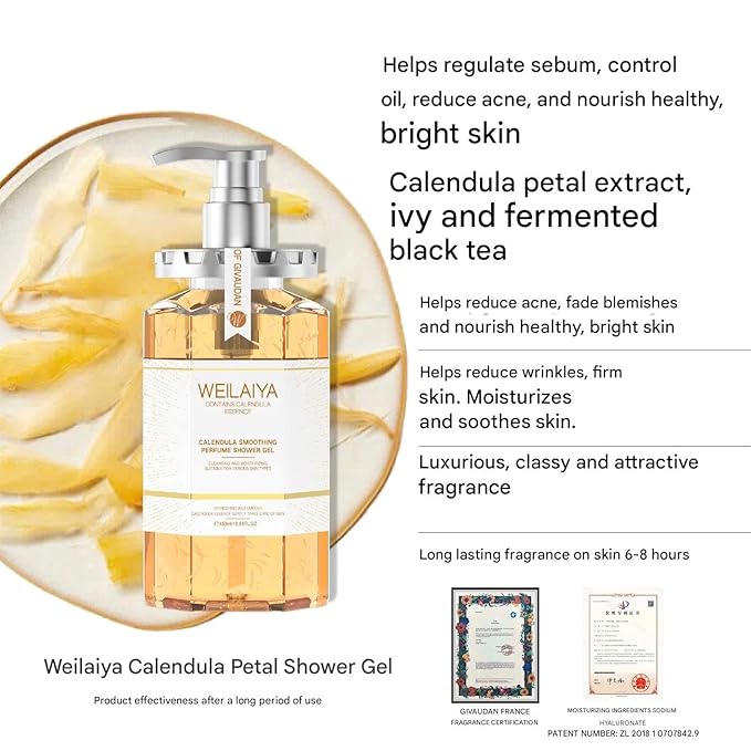 Weilaiya Calendula Shower Gel – 450mL / 15.2 fl oz – Soothing Body Wash for All Kinds of Skin, Especially Sensitive Skin – Natural Calendula Extract, Hydrating & Gentle Daily Anti Aging Cleanser