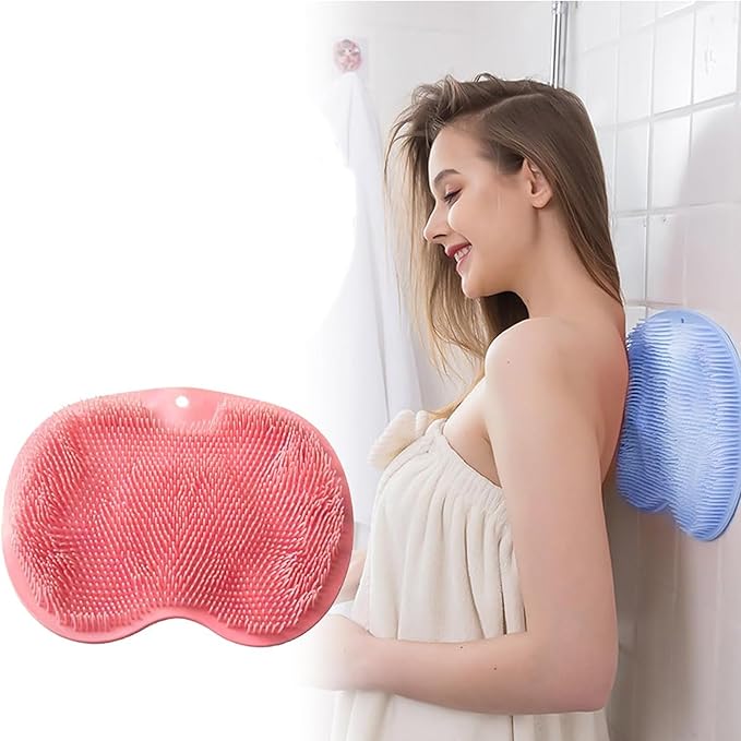 Shower Back & Foot Scrubber,Wall Mounted Back Scrubber Silicone Bath Massage Cushion Brush with Suction Cups,Bathroom Wash Foot Mat Exfoliating Dead Skin Foot Brush (L-Pink 1pcs)