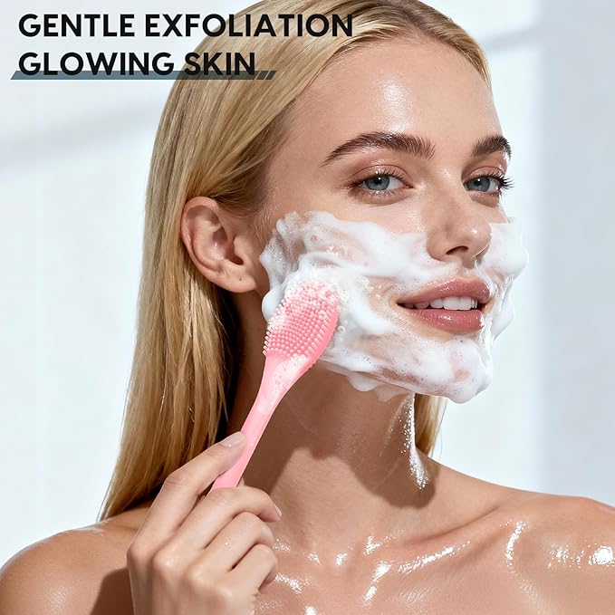 Silicone Facial Cleansing Brush - 2PC Double Ended Exfoliator for Deep Pore Cleaning, Blackhead Removal & Makeup Application - Soft, Hygienic & Waterproof Face Scrubber Massager（Pink + Blue）