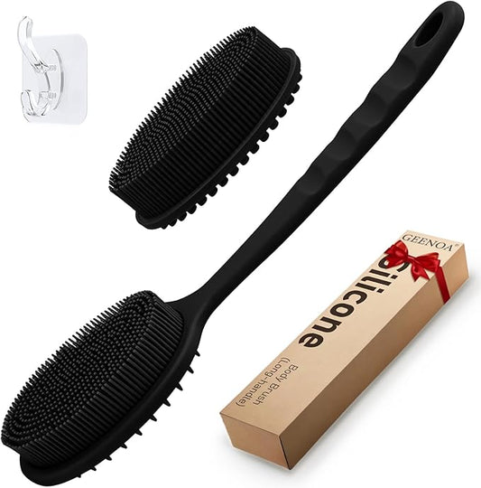 Silicone Back Scrubber, Soft Silicone Loofah with Handle, Gentle Exfoliating Back Scrubber, Back Brush Bath Brush with Two Dual-Side & Detachable Brush Heads(Black-Two Heads)