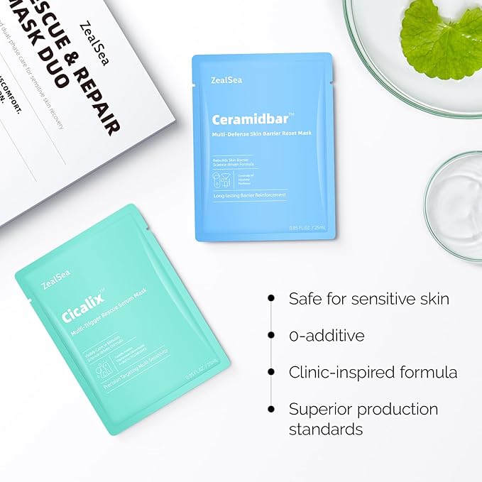 ZealSea Cicalix & Ceramidbar Face Masks Skincare Set, Derm Solution Sheet Mask for Multi-Trigger Sensitivity, Soothing & Calming, Strengthen & Restore Skin, Facial Mask with Cica & Ceramide, 16 Pack