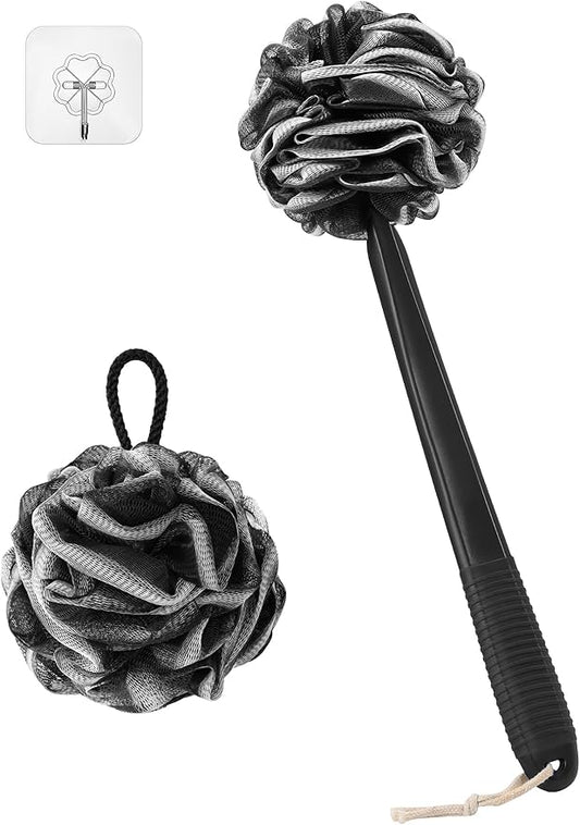 Non-Slip Back Scrubber with 17" Plastic Handle, Hand Shower Loofah & Loofah on a Stick Set, Black with White Edge