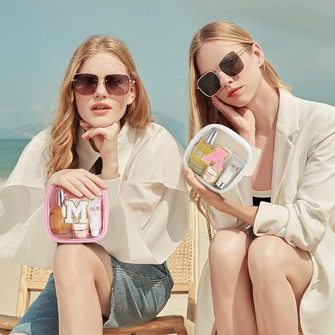 YOOLIFE Initial Make Up Bag Travel Toiletry Bag, Clear Makeup Bag Preppy Cosmetic Bags Organizer Travel Essentials Gifts for Women Teen Girlfriend Teacher Mom Birthday Mothers Day Gifts White K