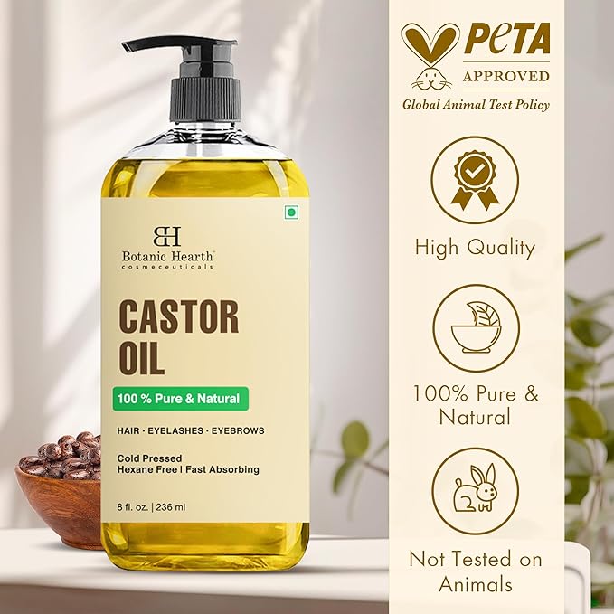 Botanic Hearth 100% Pure & Natural Castor Oil with Massager for Hair Growth (8 fl oz)| Infused with Cold Pressed Castor Hair Oil |Repairs Dry Damaged Hair, Strengthening, Healthier Hair