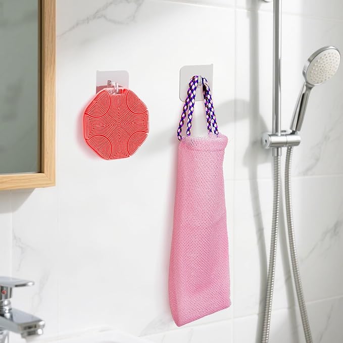 Manmihealth Soft Silicone Body Scruuber & African Bath Sponge Net Set, Gentle-Cleansing Shower Brush & Exfoliating Mesh Combination, Lathering Well Africa Wash Net Shower Scrubber (Pink)