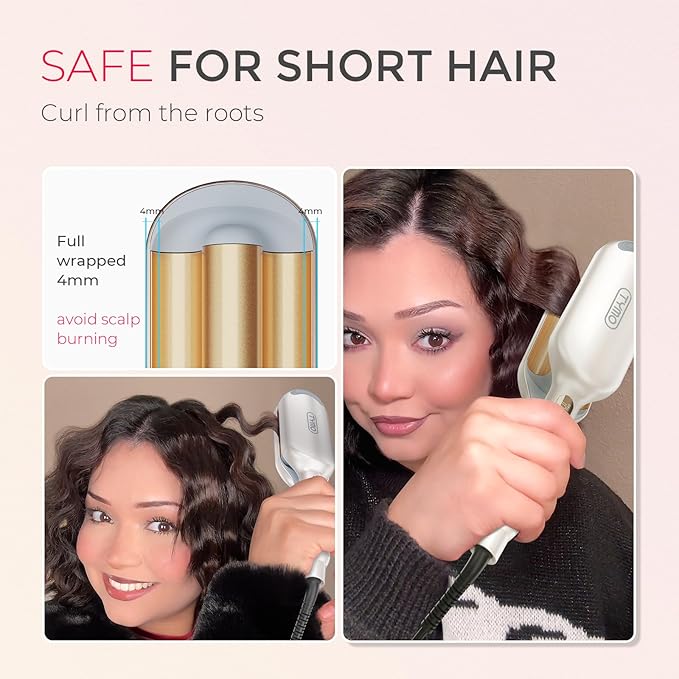 Curling Iron Hair Crimper Waver - TYMO ROVY Beach Waves Curling Wand, Ionic Deep Waver Hair Curler Tool with Ceramic 3 Barrel for Women, Dual Voltage, Anti-Scald, Easy to Use, Elegant Gold, 1 Inch
