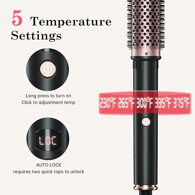 2in1 Negative Ion Thermal Brush -Heated Round Brush, Curling Iron 1 1/2 Inch& Curling Iron 1 3/4 Inch, 5 Temperature Settings,Dual Voltage
