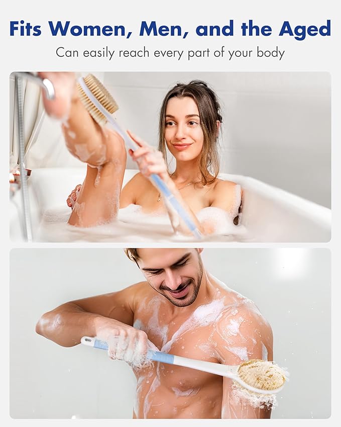 Back Scrubber Body Shower Brush: Anti Slip Long Handle Bath Brush with Stiff and Soft Bristles - Showering Exfoliator Wet or Dry Brushing for Women, Men, Elderly (Blue)