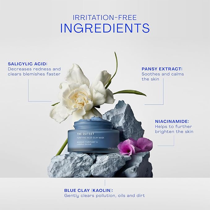 The Outset Purifying Blue Clay Mask - Gentle Fragrance Free Non-Drying Detox - Hydrating, Clarifying for Blackheads and Pores - Clean, Vegan, Gluten Free - All Skin Types, Sensitive Skin - 1.7 fl oz