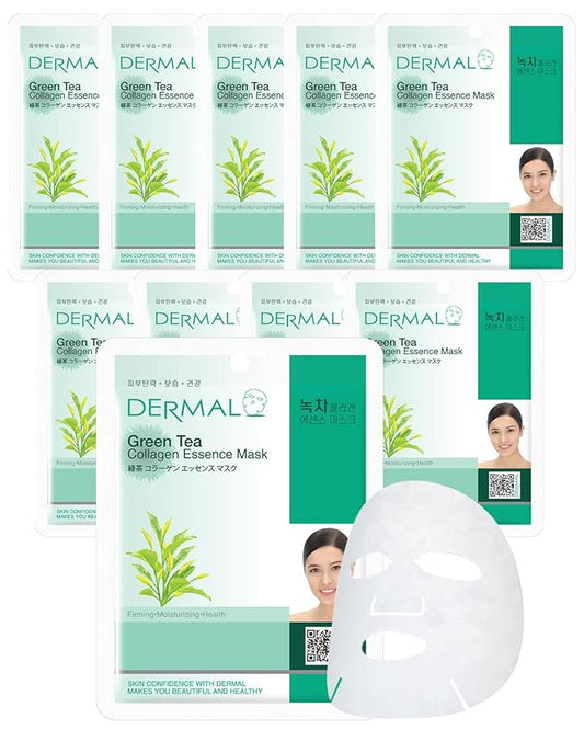 DERMAL Green Tea Collagen Essence Facial Mask Sheet 23g Pack of 10 - Hydrating and Soothing for Sensitive Oily Skin, Revitalize Dull Skin, Daily Skin Treatment Solution Sheet Mask