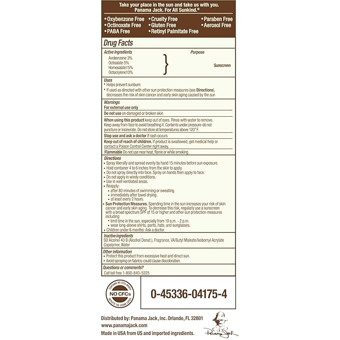 Panama Jack Continuous Spray Sunscreen - SPF 75, Broad Spectrum UVA/UVB Protection, PABA, Paraben, Gluten & Cruelty Free, Water Resistant (80 Minutes), 5.5 OZ (5.50 Fl Oz (Pack of 12))