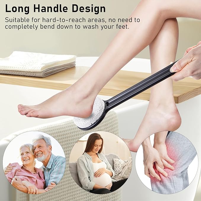 Pumice Stone for Feet with Long Handle 14", Hard Skin Callus Remover, Scrubber and Exfoliator for Dead Dry Skin, Softer & Smoother Feet, Pedicure Tool (Straight) Black